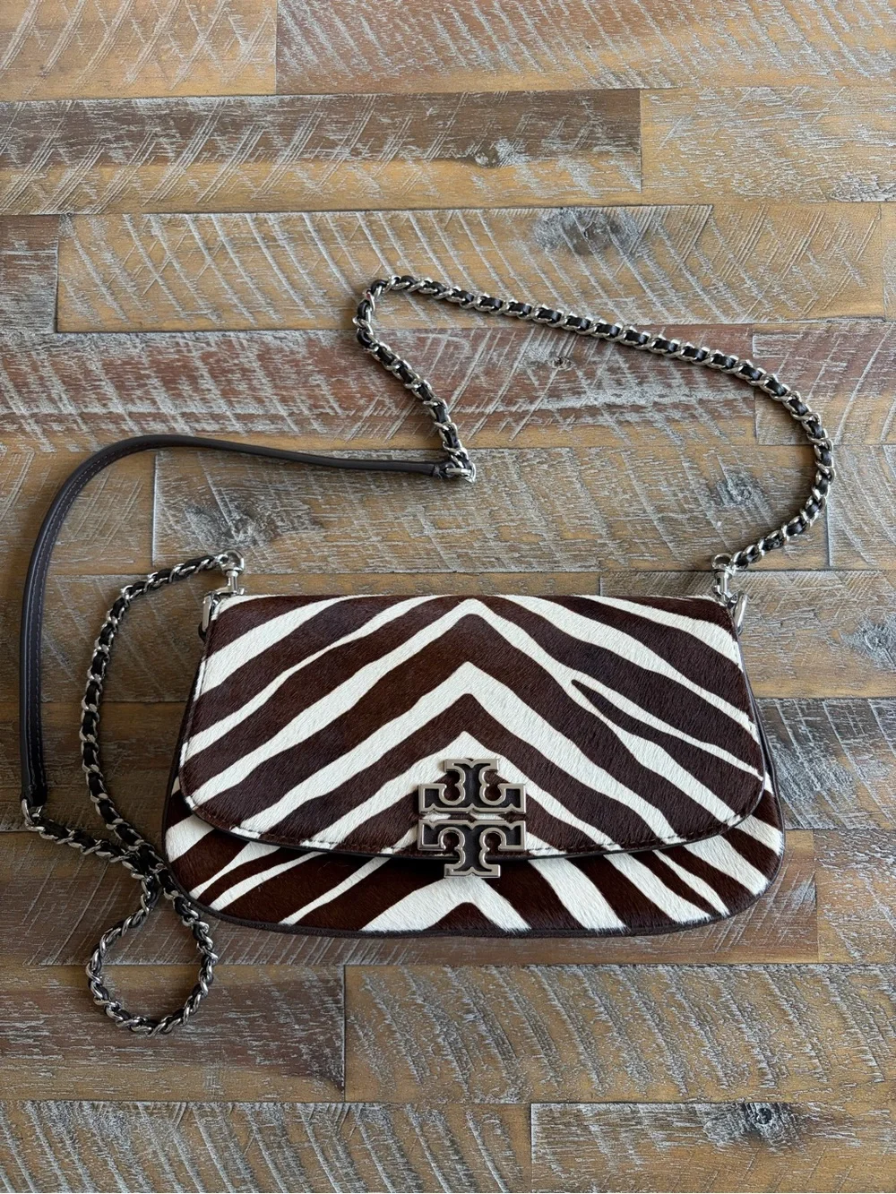 Tory Burch Zebra-Print Brown & White Chain Crossbody